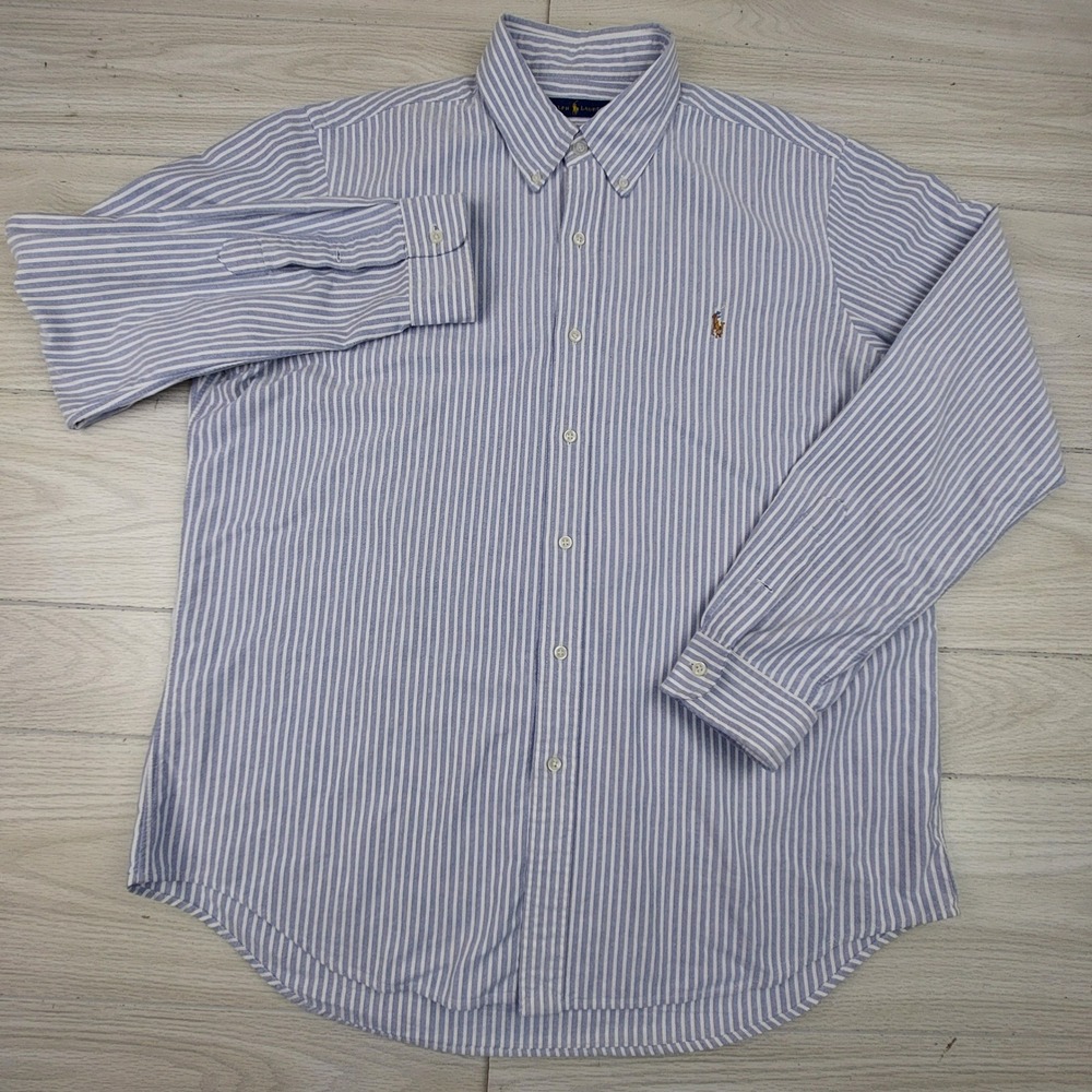 Ralph Lauren Button Down Shirt Mens XL Blue Striped Cotton Oxford Flesh Pony - Picture 2 of 7